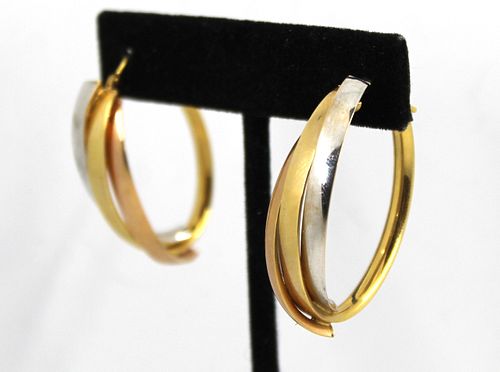Vintage Modern 14K Tri-Gold Oval Hoop Earrings