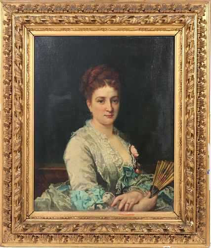 Edouard May "Portrait Woman with Fan" Oil, 19th C.