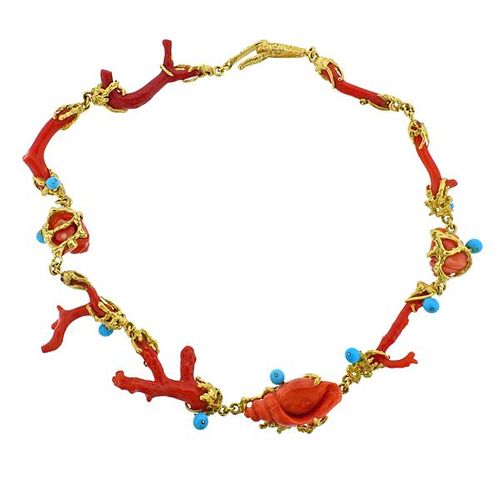 Murat 18K Gold Coral Turquoise Necklace 