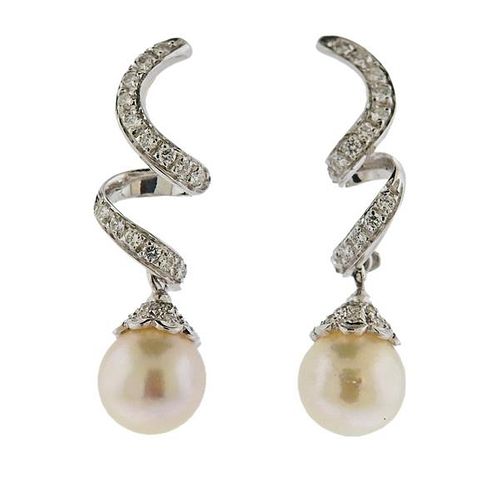 18K Gold Diamond Pearl Swirl Drop Earrings