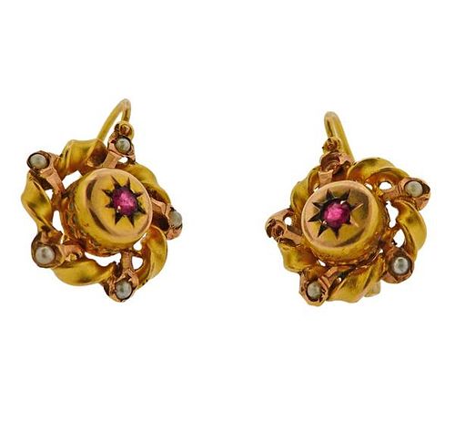 Antique Victorian 14k Gold Pearl Ruby Earrings 
