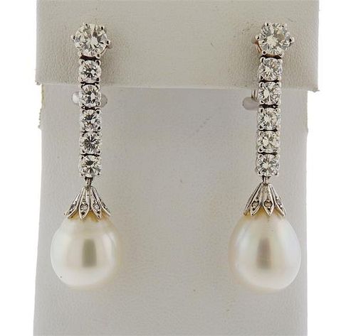 18K Gold 4.00ctw Diamond Pearl Drop Earrings