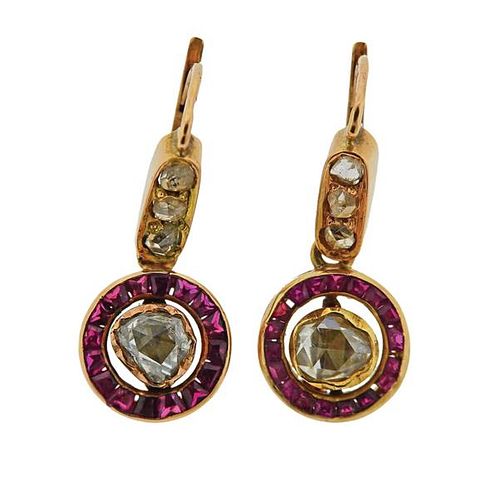 18K Gold Rose Cut Diamond Ruby Earrings