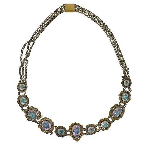 Antique 10K Gold Blue Paste Necklace