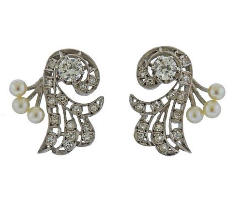Mid Century 14k Gold Pearl Diamond Earrings