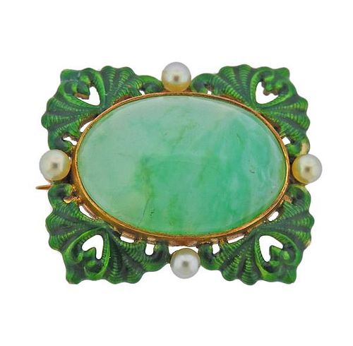 Antique Art Nouveau 18k Gemstone Pearl Enamel Brooch Pin