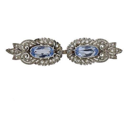 Art Deco Platinum Diamond Blue Stone Brooch Pin