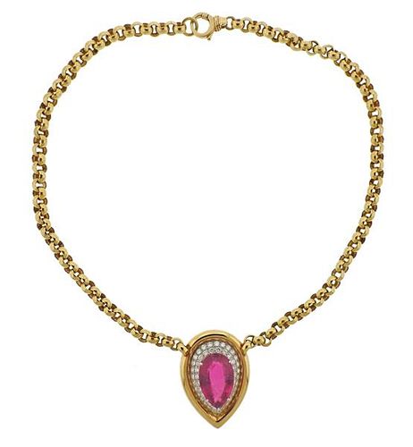 14k Gold 25ct Pink Tourmaline Diamond Pendant Necklace 