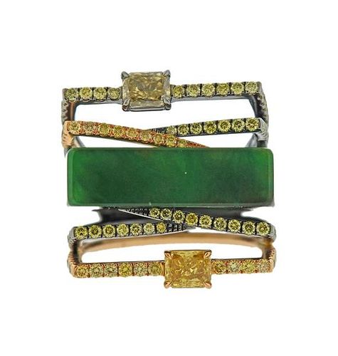 18k Gold Fancy Diamond Jade Ring 