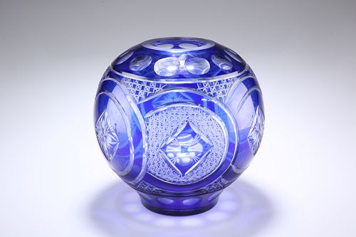 A LARGE BOHEMIAN BLUE OVERLAY GLASS VASE, ball-sh