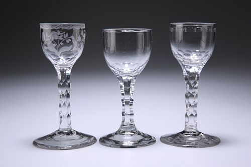 THREE 18TH CENTURY FACET STEM WINE GLASSES
 Each 