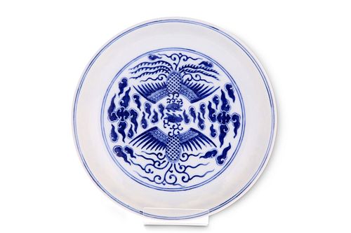 A CHINESE BLUE AND WHITE 'DOUBLE PHOENIX' DISH, d