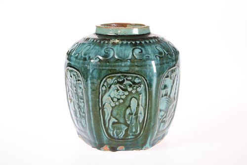 A CHINESE TURQUOISE-GLAZED JAR, hexagonal, moulde
