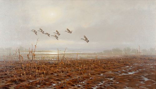 Jim Morgan (b. 1947)  Geese Over Fields