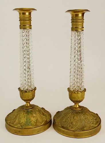 A Pair of Antique Empire Style Bronze and Crystal Candlesticks