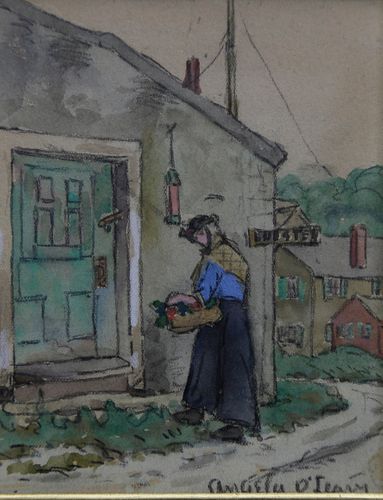 Angela O’Leary Watercolor on Paper “Woman with a Basket Entering the Lobster Market”