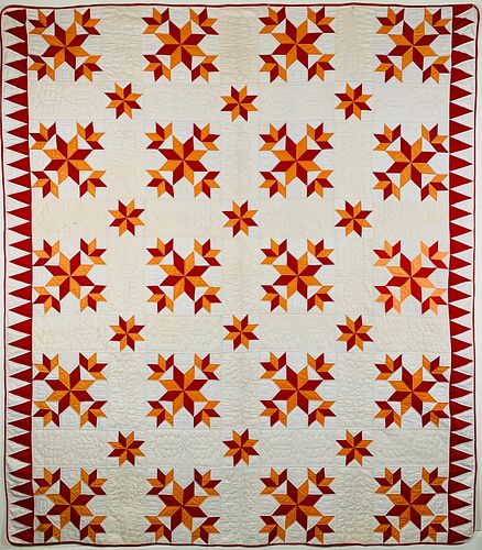 Vintage Star Pattern Patchwork Quilt in Red and Orange Fabrics on White Ground, circa 1920s