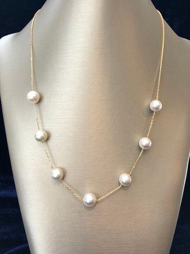 Fine 9mm White Akoya Pearl Tin Cup Necklace, 18k Yellow Gold Chain