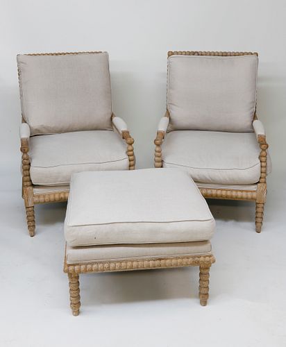 Pair of Contemporary Bobbin Armchairs and Ottoman with Linen Upholstered Cushions