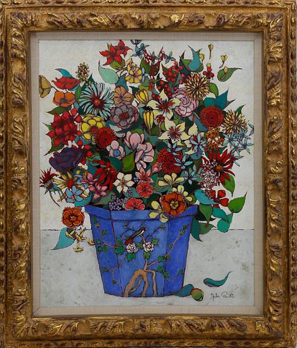 John Powell Oil on Canvas "Dramatic Floral Still Life in Blue Terracotta Planter"