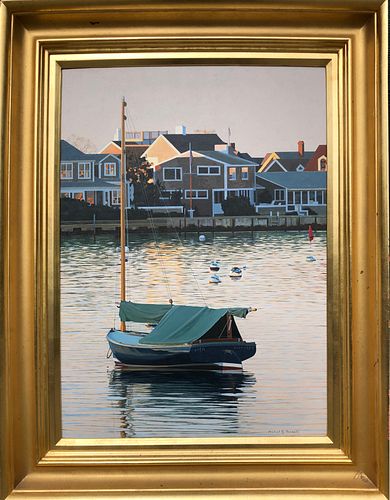Michael J. Harrell Oil on Artist Board "Catboat Dipper in Nantucket Harbor"