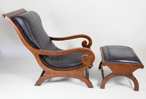 Mahogany and Black Leather Upholstered Plantation Style Chair and Ottoman