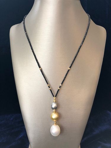 10.5mm - 15mm White and Gold South Sea and Grey Tahitian Pearl Lariat Necklace