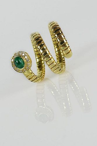 Lady's 18 Karat Yellow Gold, Cabochon Emerald and Diamond Snake Ring