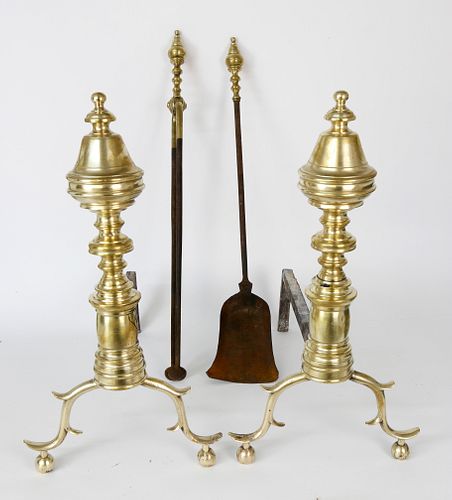 Pair of New York Multi-turned Brass Andirons, circa 1825