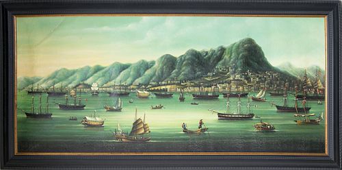 Chinese Export Style Oil on Linen "View of Hong Kong from Kowloon in the 1850s"