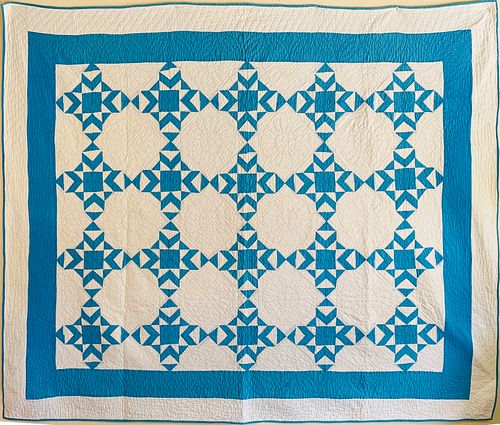 Blue and White Geometric Pattern Patchwork Quilt, circa 1930s