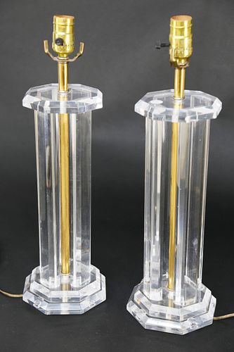 Pair of Mid-Century Lucite and Brass Column Lamps