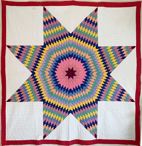 Vintage Colorful Texas Star Patchwork Quilt, circa 1930s