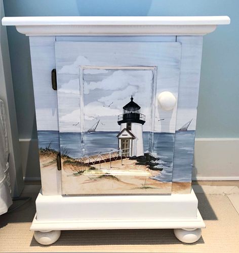 Pair of Lighthouse and Sailboat Decorated End-Table Cupboards,