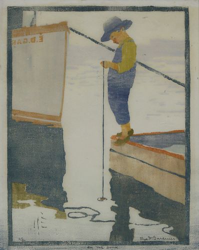 Eliza Draper Gardner Limited Edition Colored Woodcut on Paper "On the Dock"