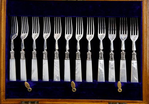 English Boxed Set of 24 Mother of Pearl Handle Fruit Knives and Forks, 19th Century