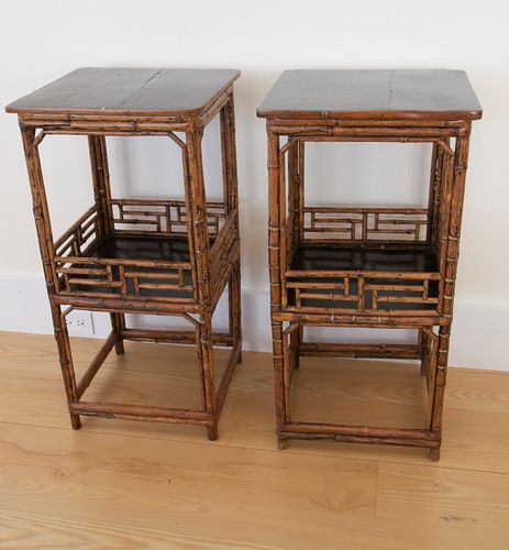 Pair of Chinese Bamboo Two-Tier End Tables with Black Lacquer Painted Tops