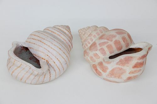 Pair of Large Seashell Paint Decorated Terracotta Planters