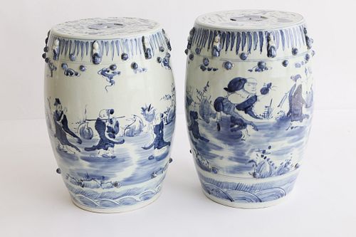 Pair of Chinese Blue and White Porcelain Garden Stools