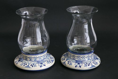 Pair of Ceramic and Blown Glass Hurricanes