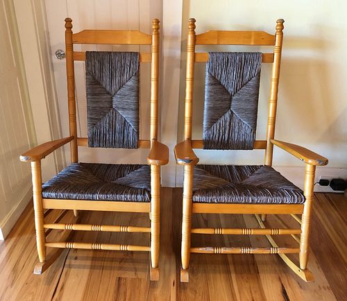 Pair of Rush Seat "Kennedy" Style Rocking Chairs