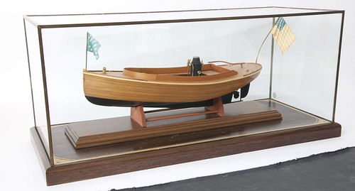 Cased Hand-built Wood Model of an Early Steam Powered Motor Boat