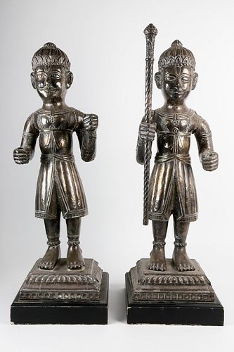 Pair of Antique Tibetan Silver Plated Temple Guardian Figures