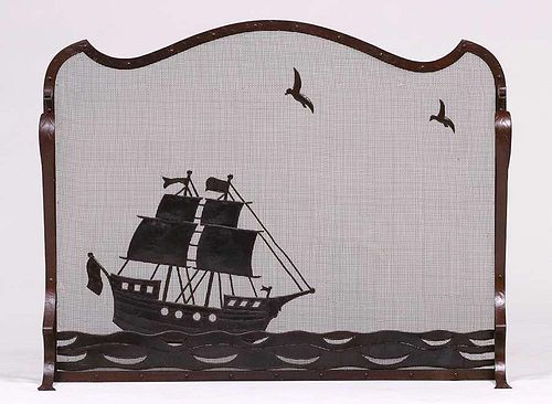 Arts & Crafts Hand-Forged Iron Galleon Ship Fire Screen