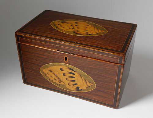 English Partridge Wood Double Satinwood Shell Inlaid Tea Caddy, 19th Century