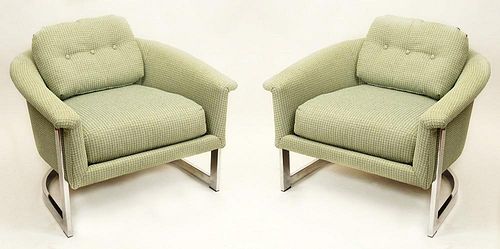 Pair Vintage Upholstered Round Back Club Chairs on Chrome Frames