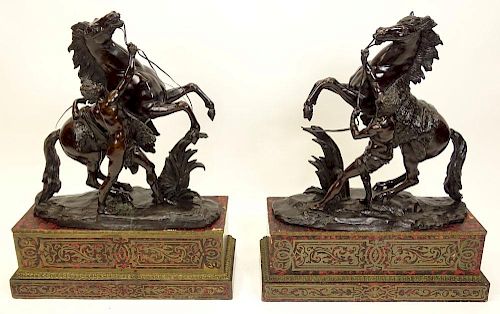 after Guillaume Coustou, French (1677-1746): Pair of Marly Horse Bronze Groups Circa 1880