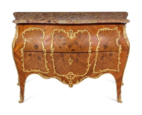 A Louis XV Style Gilt Bronze Mounted Sans Traverse Marquetry Marble-Top Bombe Commode