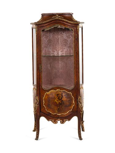 A Louis XV Style Gilt Bronze Mounted Kingwood and Vernis Martin-Decorated Marble-Top Vitrine Cabinet