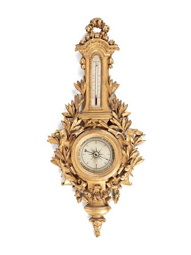 A Louis XV Style Carved Giltwood Barometer and Thermometer